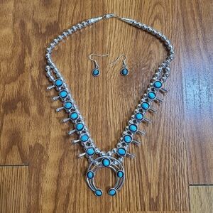 Native America Navajo Sterling Silver Turquoise Necklace And  Earrings